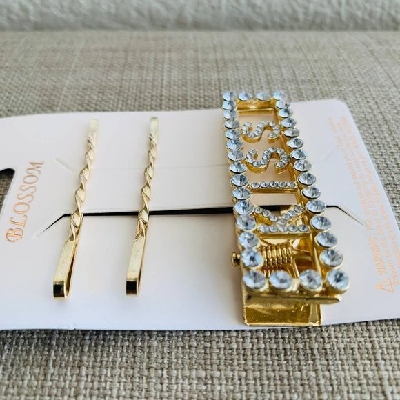 Hair clips fashion pins Rhinestone Gold Deco Hair Clips "KISS" set of 3 PCS - Picture 3 of 7